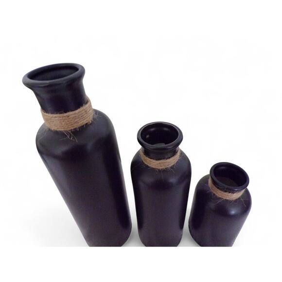 Matte Black Hemp Rope Detailing 3 Vase Set Ceramic New in Box Rustic Decor - Picture 2 of 3